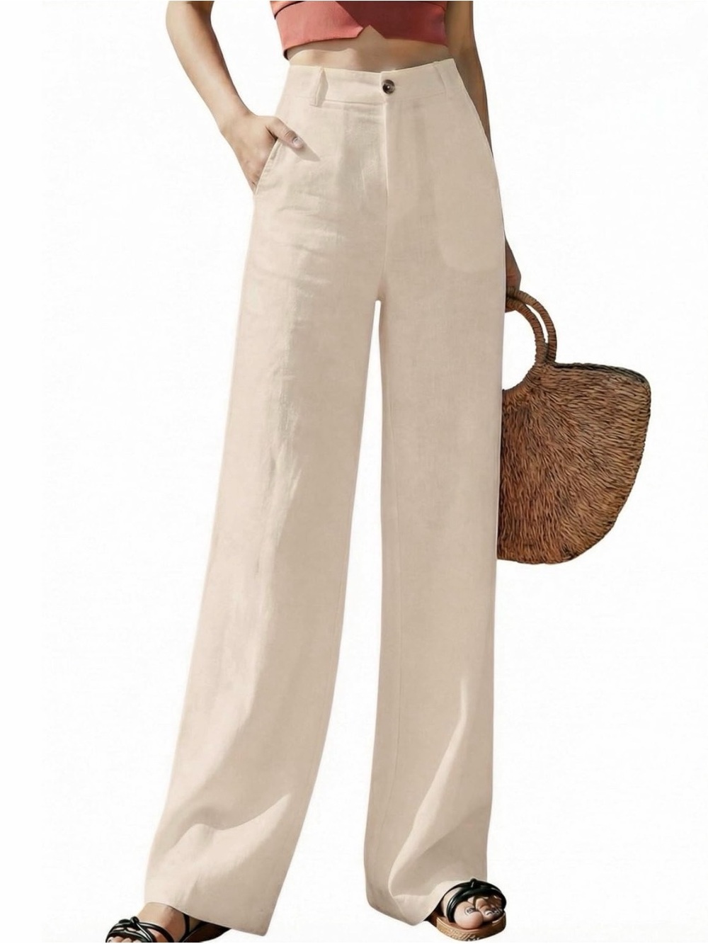 Wide-Leg High-Rise Pants in Beige